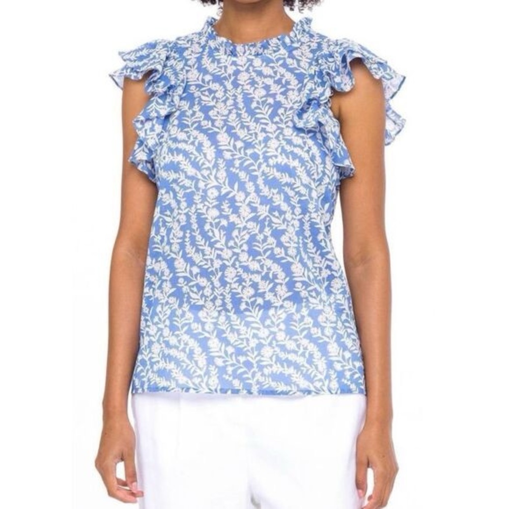 Banjanan Klara Blue White Floral Print Ruffled Blouse in Marina - S